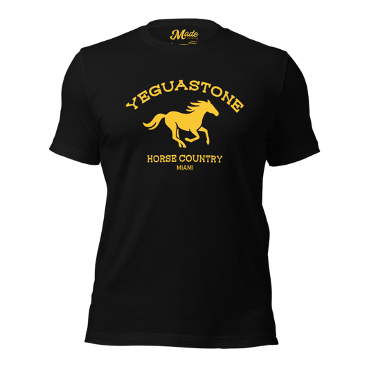 Black t-shirt with bold yellow “Yeguastone” design featuring a galloping horse and “Horse Country Miami” text—perfect for Cuban cowboys and anyone repping Western flair with tropical roots.